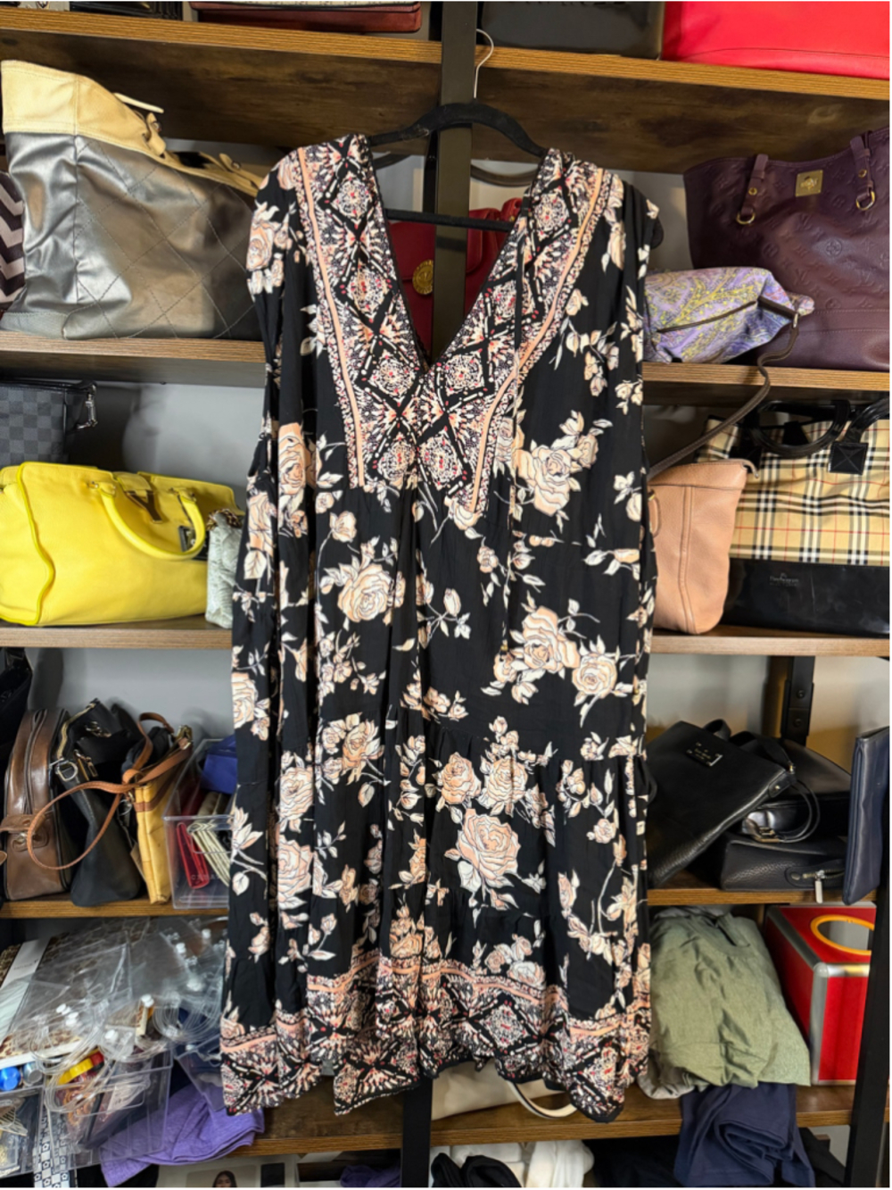 Women's Romantic Gypsy Floral Maxi Dress Black Pink Size 3X